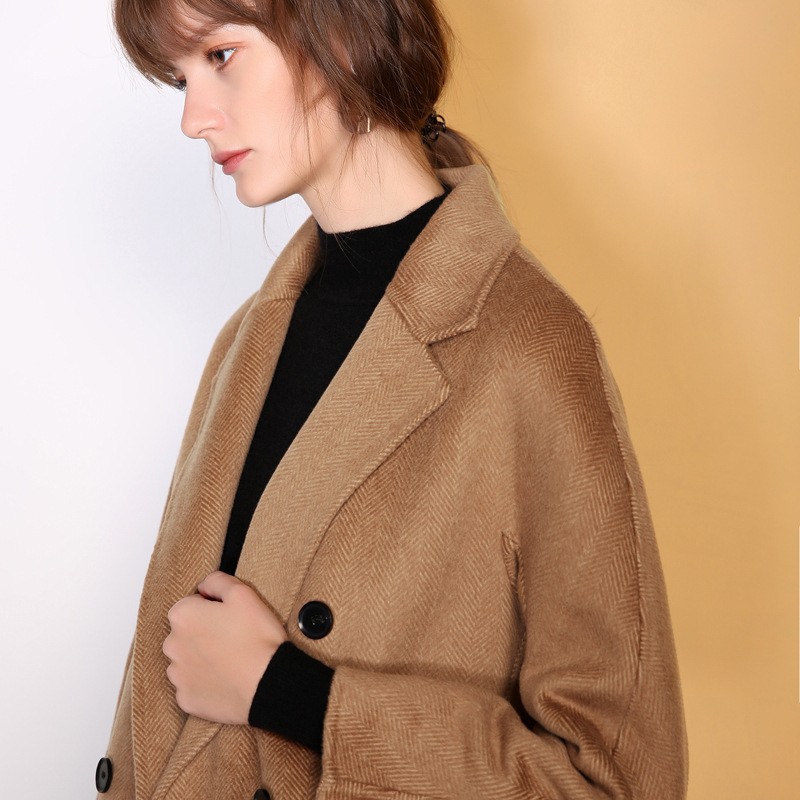 2017冬季专柜新品人字纹双排扣纯手工双面羊绒大衣茧型毛呢外套