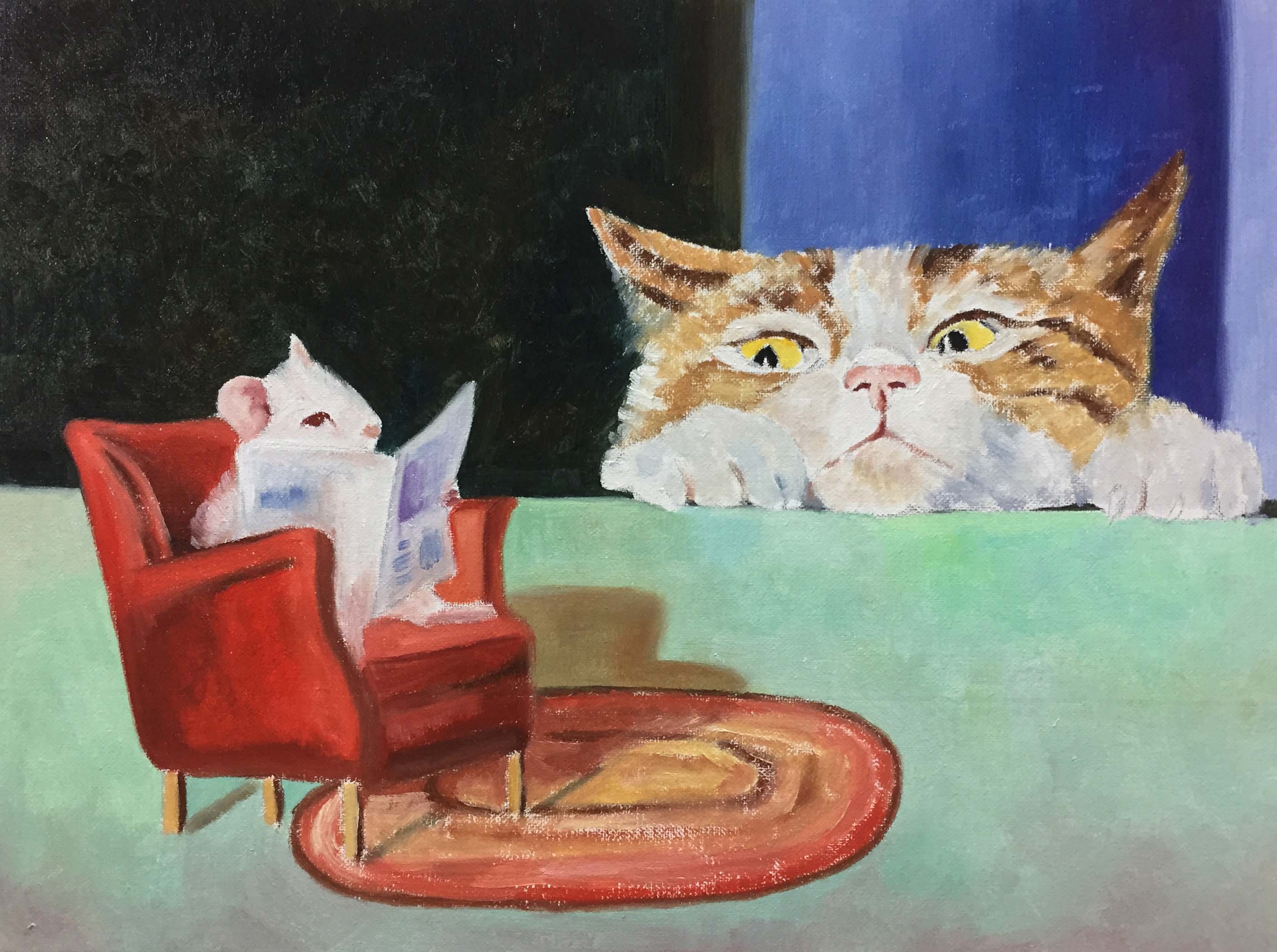 姚慧油画《猫和老鼠》配内框(有作画过程)