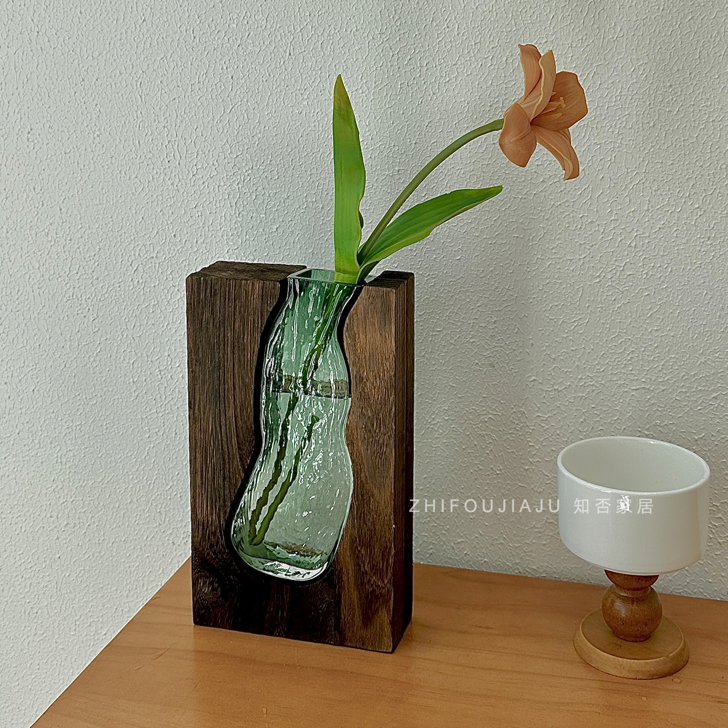新中式原木透明绿色玻璃花瓶水培设计