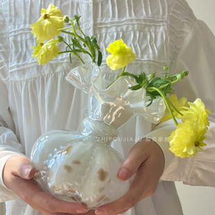 珠光琥珀金中古芬顿花瓶装饰品摆件轻奢高级感客厅茶几花器插花瓶