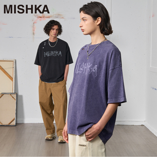 MISHKANYC美式潮牌品牌夏季短袖T恤男士女士圆领宽松显瘦破洞纯棉