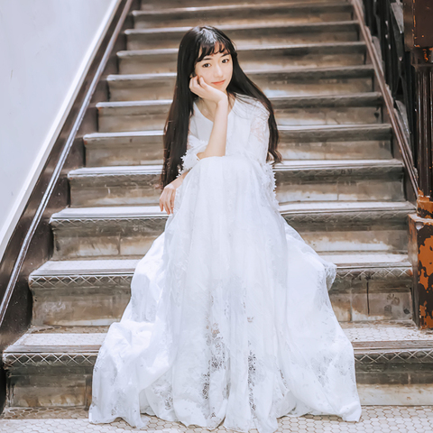 大摆仙女裙学生甜美超仙森系少女温柔风长裙白色连衣裙礼服女仙气