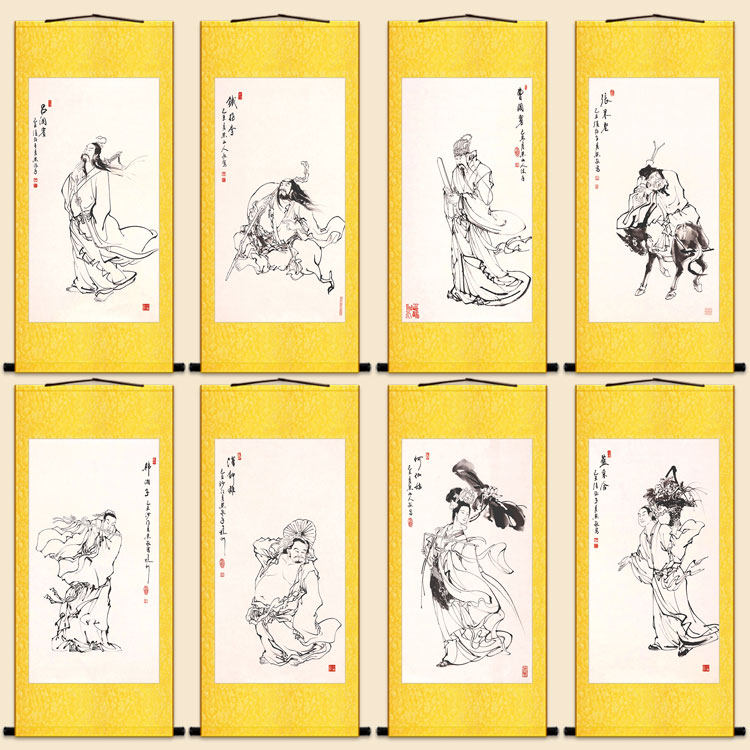 八仙过海白描画像 吕洞宾汉钟离张果老铁拐李何仙姑 神仙卷轴挂画