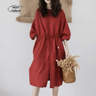香港红色灯笼袖棉麻连衣裙2024春夏收腰显瘦中长款衬衫裙设计感潮