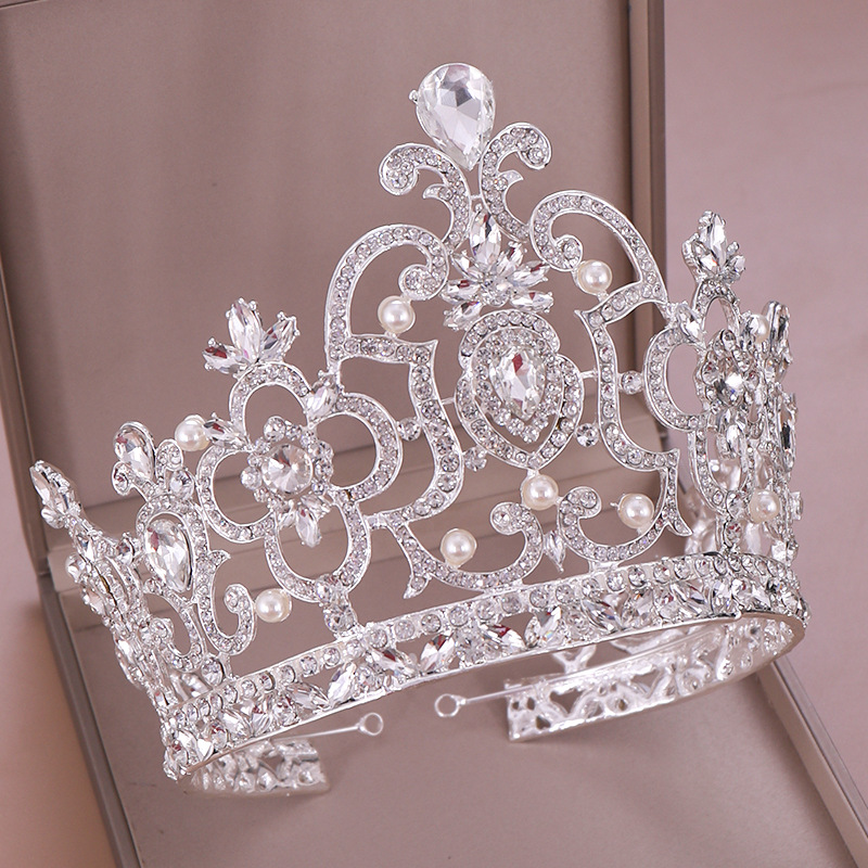 新款奢华大气珍珠银色水钻欧美宫廷新娘皇冠头饰结婚王冠婚纱