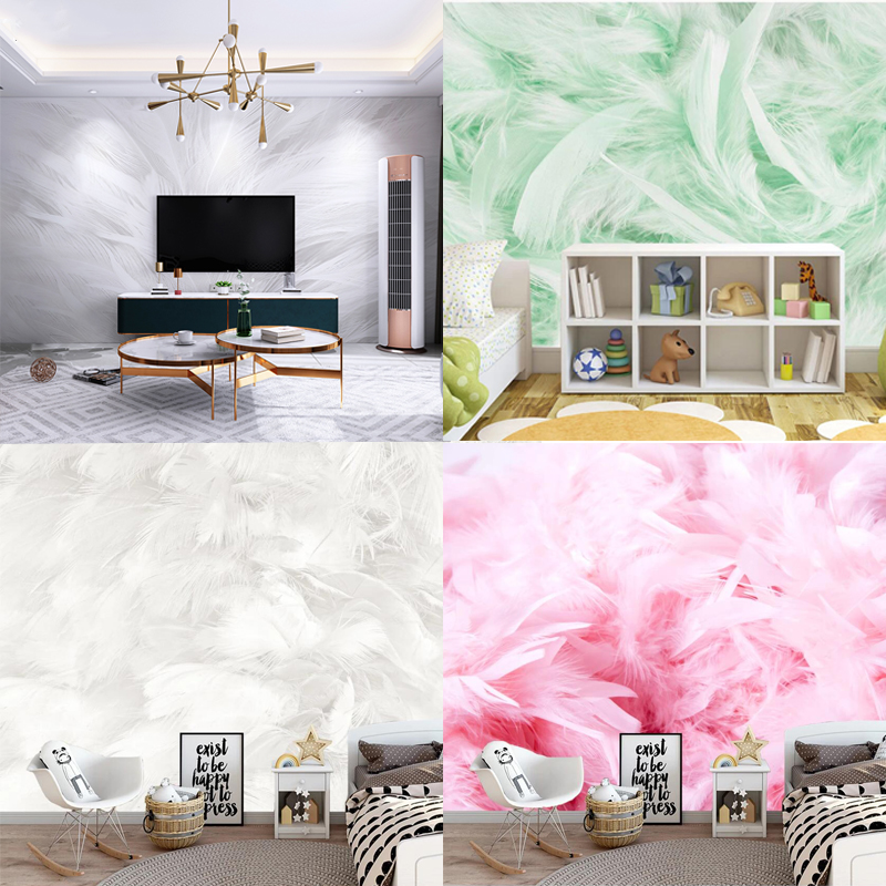 北欧电视背景墙壁纸家用简约现代客厅装饰墙纸白色羽毛壁画8d墙布