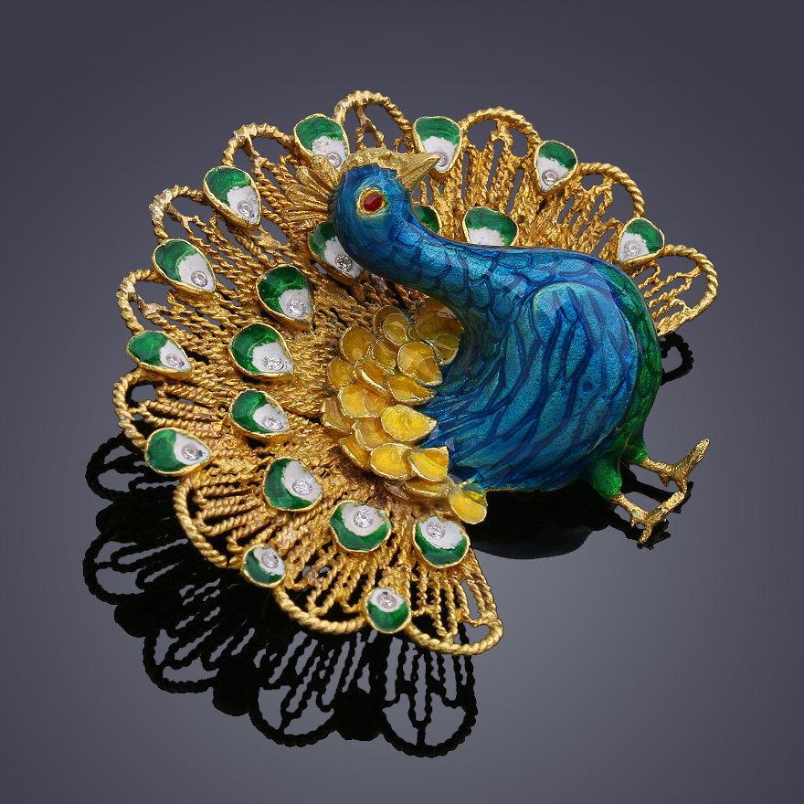 1940年代钻石孔雀黄金珐琅胸针