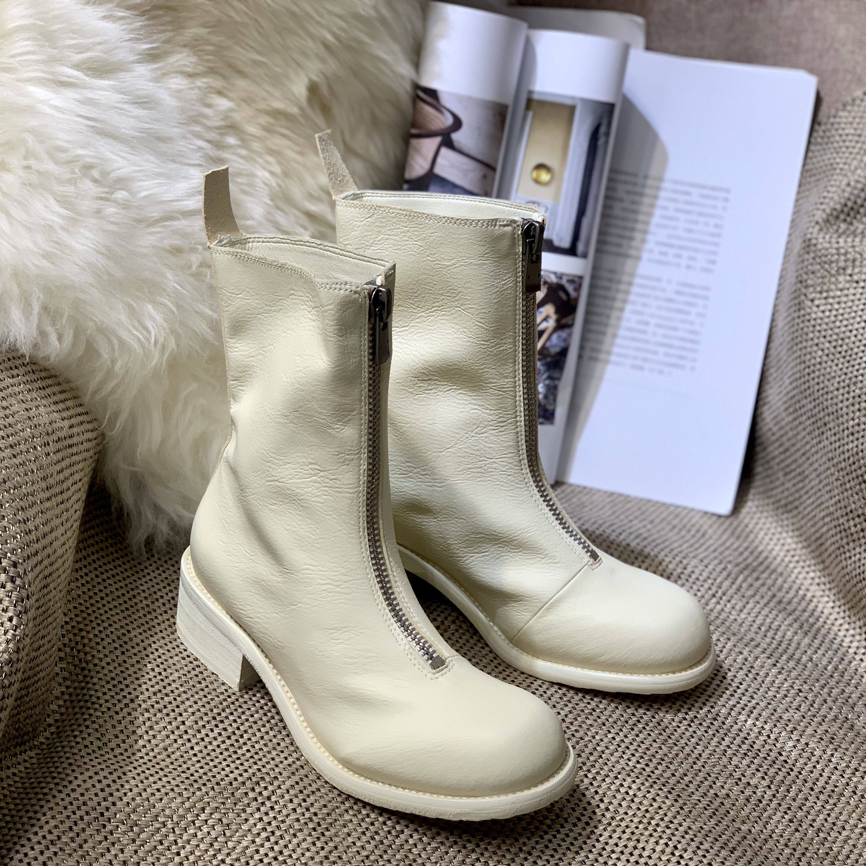 guidi真皮短靴前拉链马丁靴女英伦风中筒靴白色靴子2020新款鬼帝