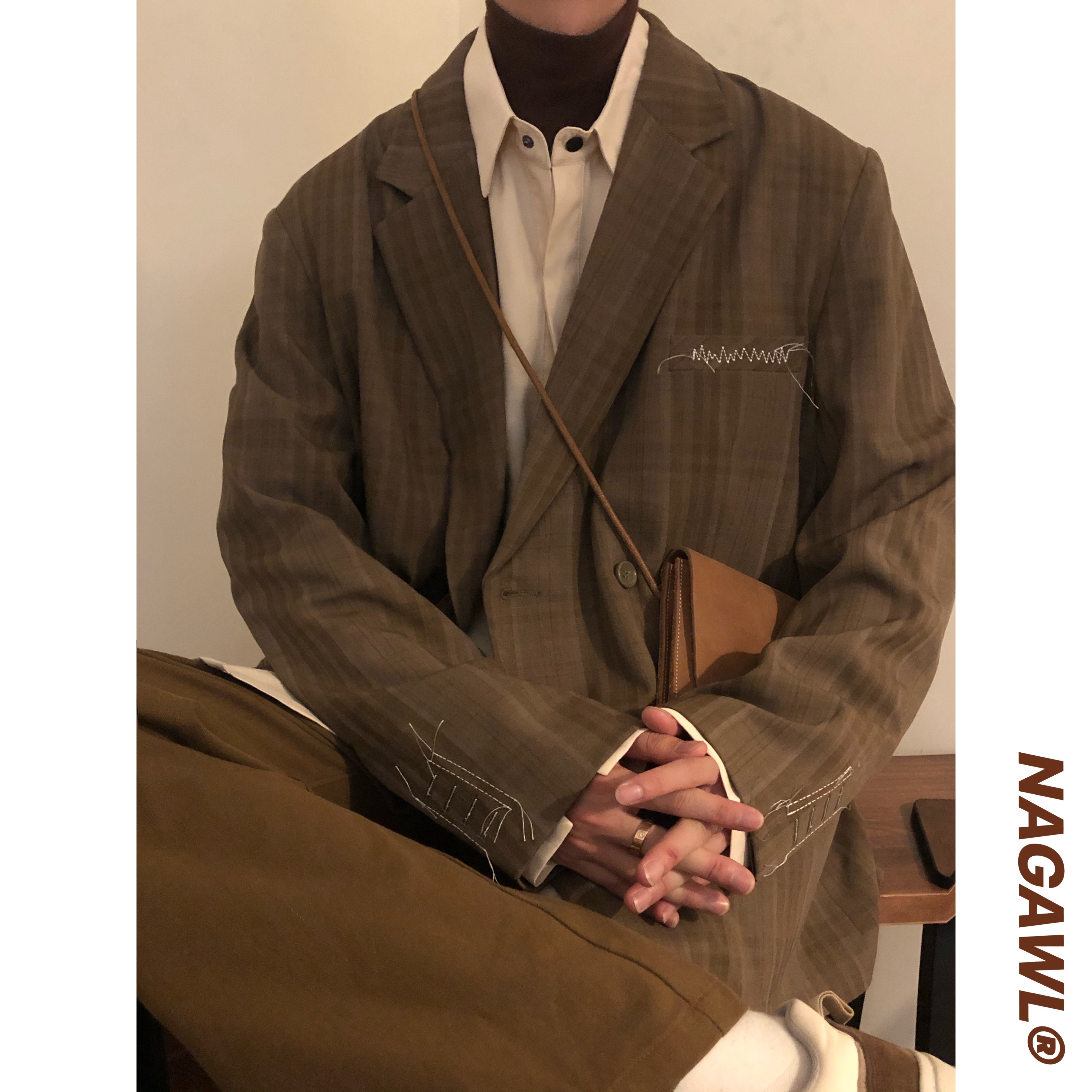 nagawl春秋新品宽松日系双排扣复古咖色格子小垫肩西装夹克外套男