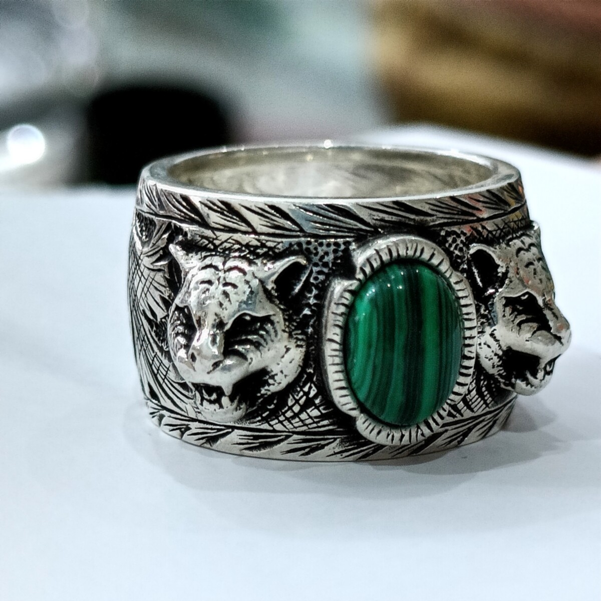 绿松石老虎头戒指纯银复古霸气食指生肖虎个性嘻哈潮流男女情侣款