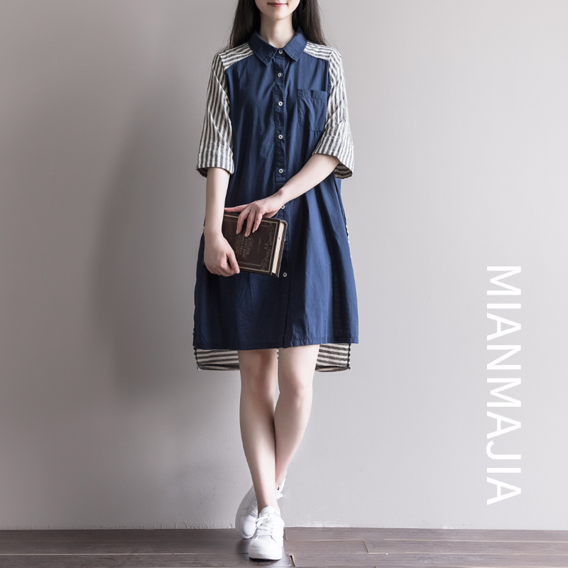 Mianma home 2021 new pattern summer New products literature Easy leisure time Lapel Mosaic Striped shirt Dress femalein the Women's clothing/Boutique , Shirt category - from Buy2taobao.com to provide professional Taobao agent buy service