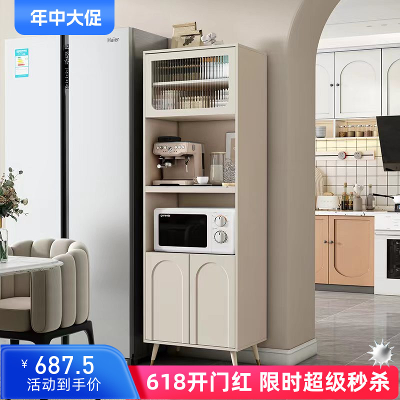法式岩板餐边柜高柜一体现代简约小户型窄厨房碗筷储物柜微波炉柜