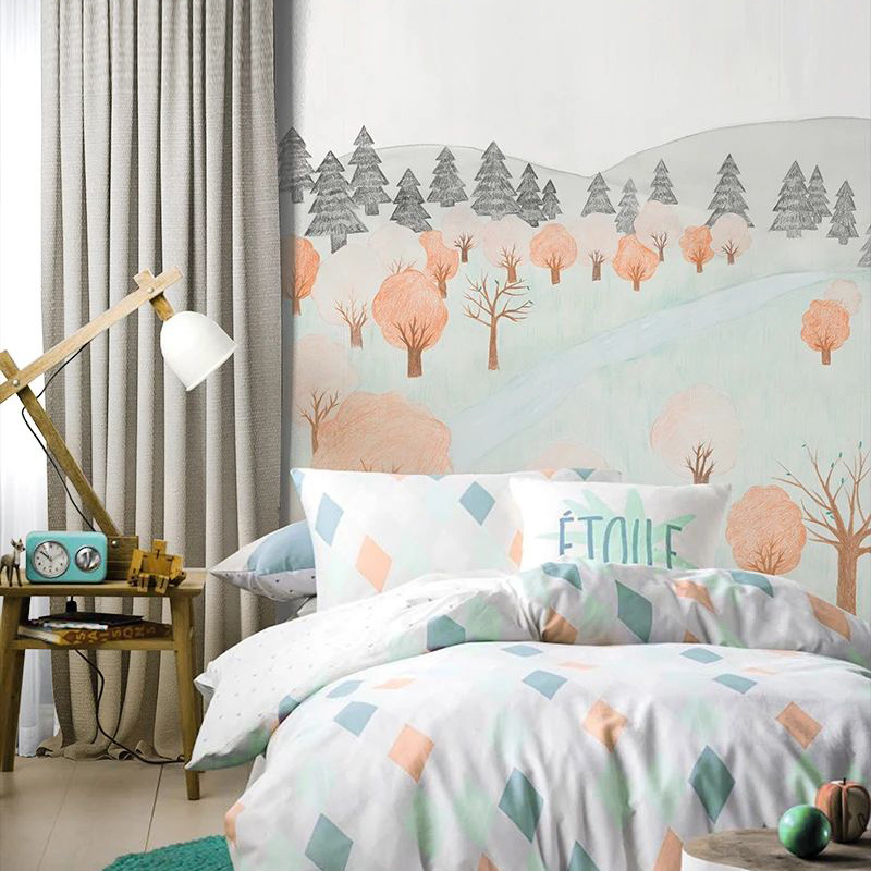 起伏山丘 现代简约北欧儿童壁画 卡通小树卧室床头背景墙壁纸墙纸