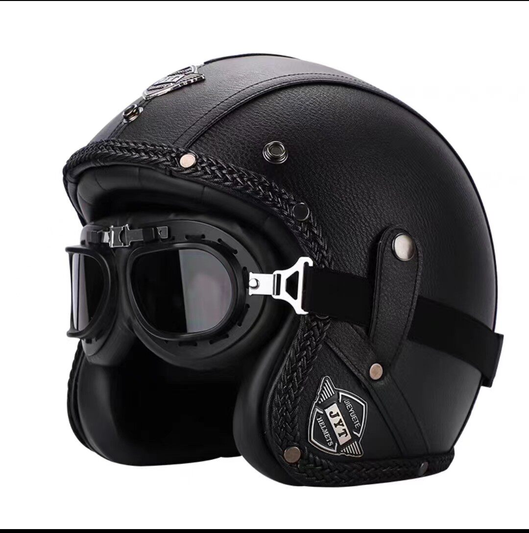 复古哈雷太子巡航摩托车头盔男女四季通用电动车半盔机车3/4皮盔