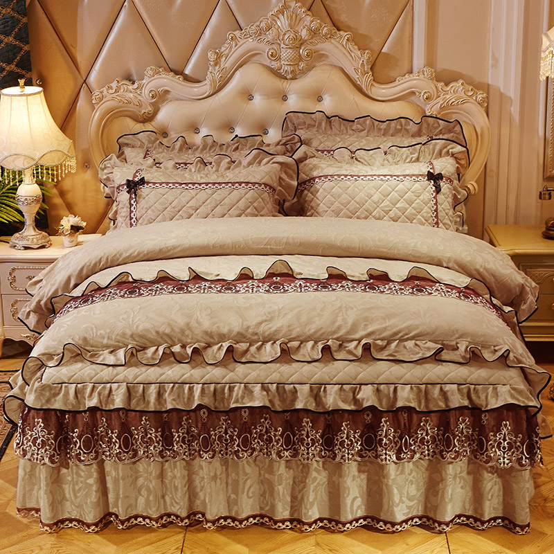 冬季天鹅绒床裙四件套夹棉蕾丝边床罩床套床单保暖被套欧式1.8米m