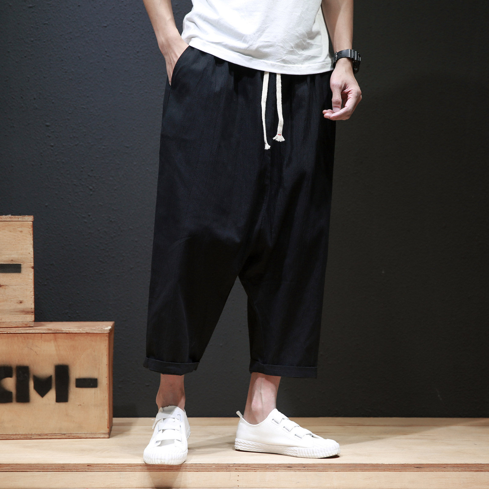 夏季新款男士大码纯色棉麻七分裤掉档垮裤k1807-p50