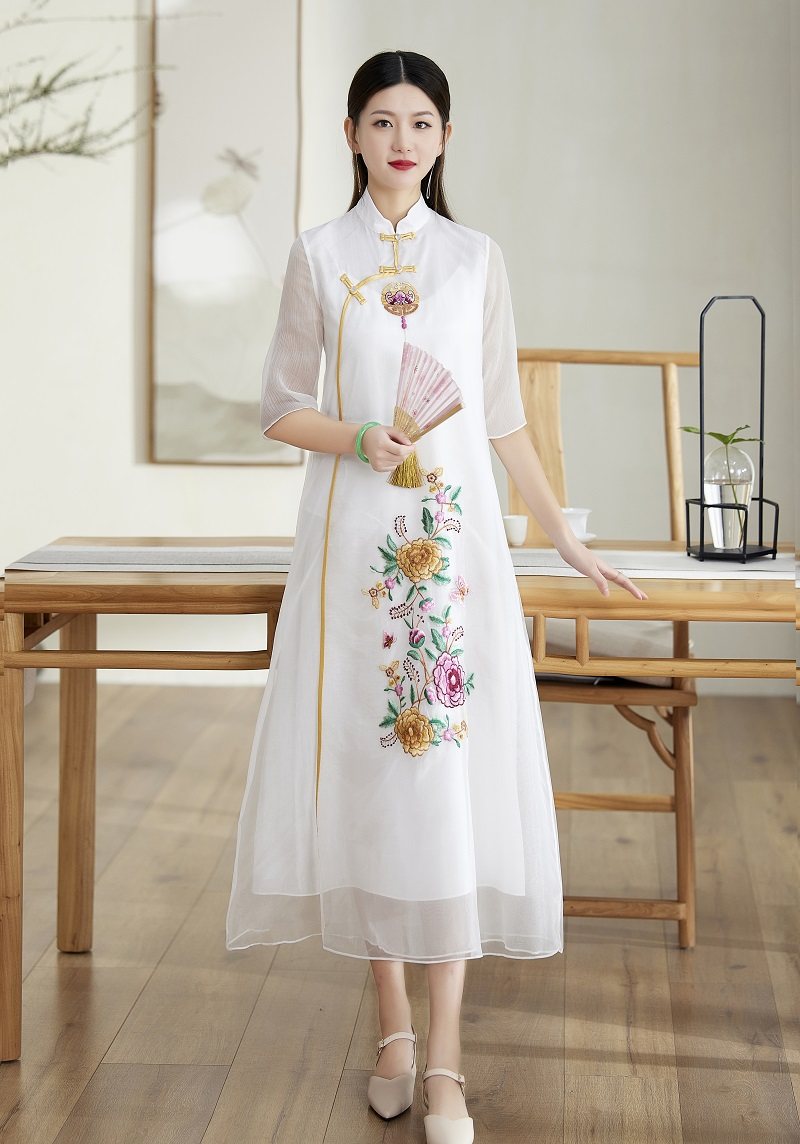 古风汉服仙女裙2022春夏中式民族风刺绣茶服大码宽松如意纱连衣裙