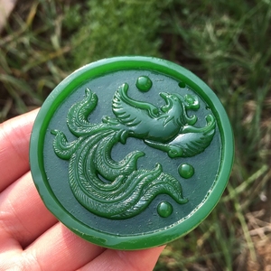 仿和田碧玉浴火凤凰玉佩转运护身男女款菠菜绿朱雀项链送证书