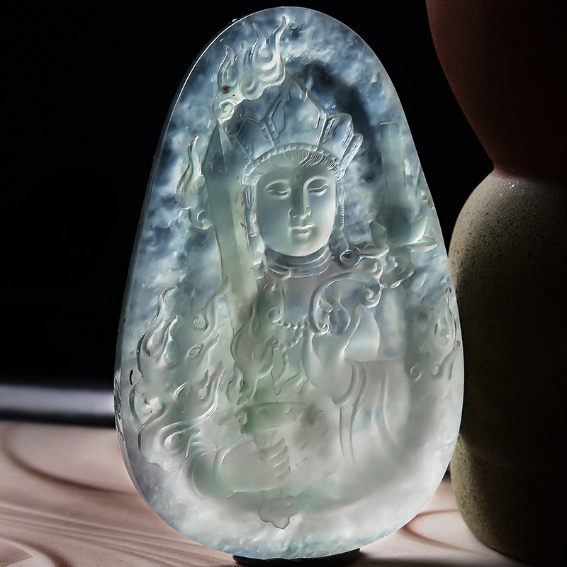 杨树明大师监制作品天然缅甸a货冰种翡翠文殊菩萨吊坠51.04g