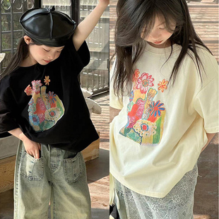 韩国女童印花T恤2024儿童夏季短袖上衣牛仔裤套装女孩洋气童装潮