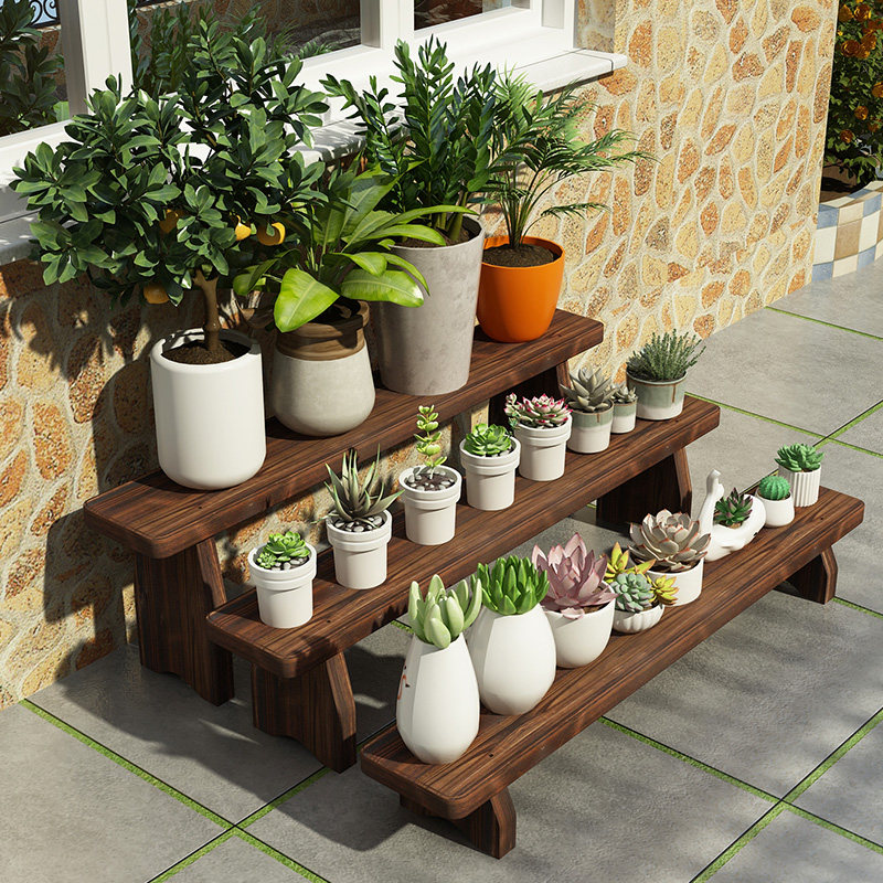 实木阶梯式防腐木花架单层阳台置物架庭院户外多肉花盆架室外花凳