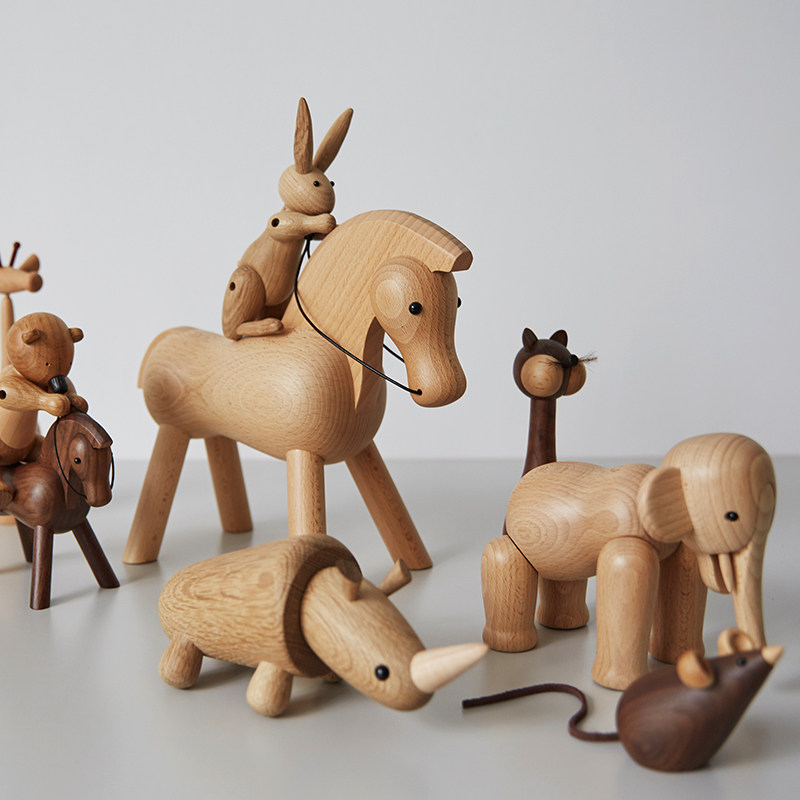 北欧木质创意大象松鼠兔子小动物木偶摆件家居软装简约工艺