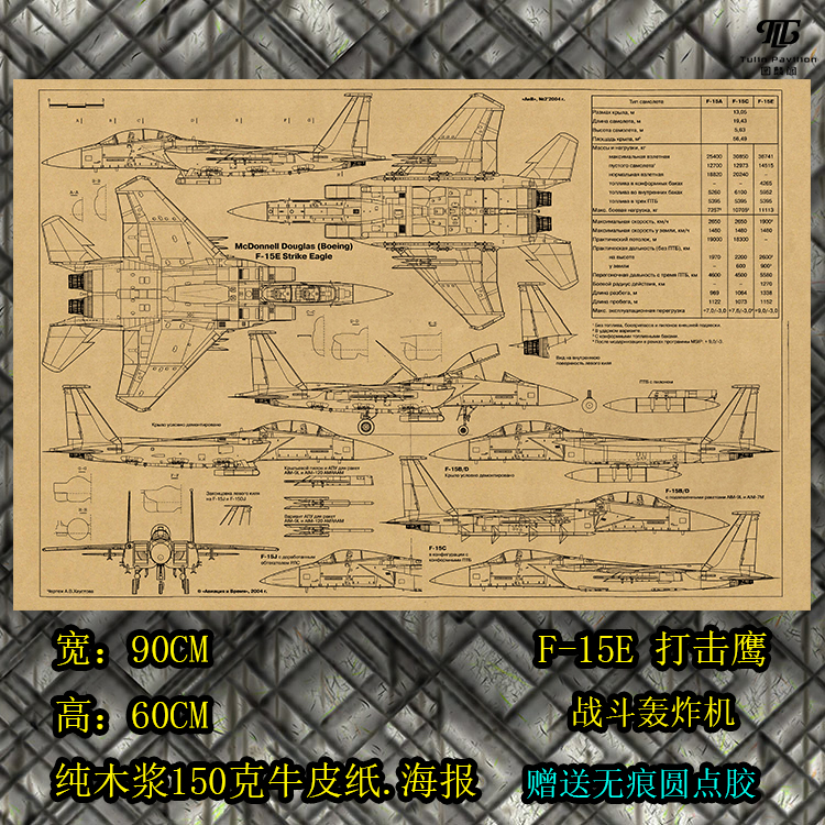 F15E攻击鹰机械草图三视图军迷理工书房办公室墙贴复古工业风海报