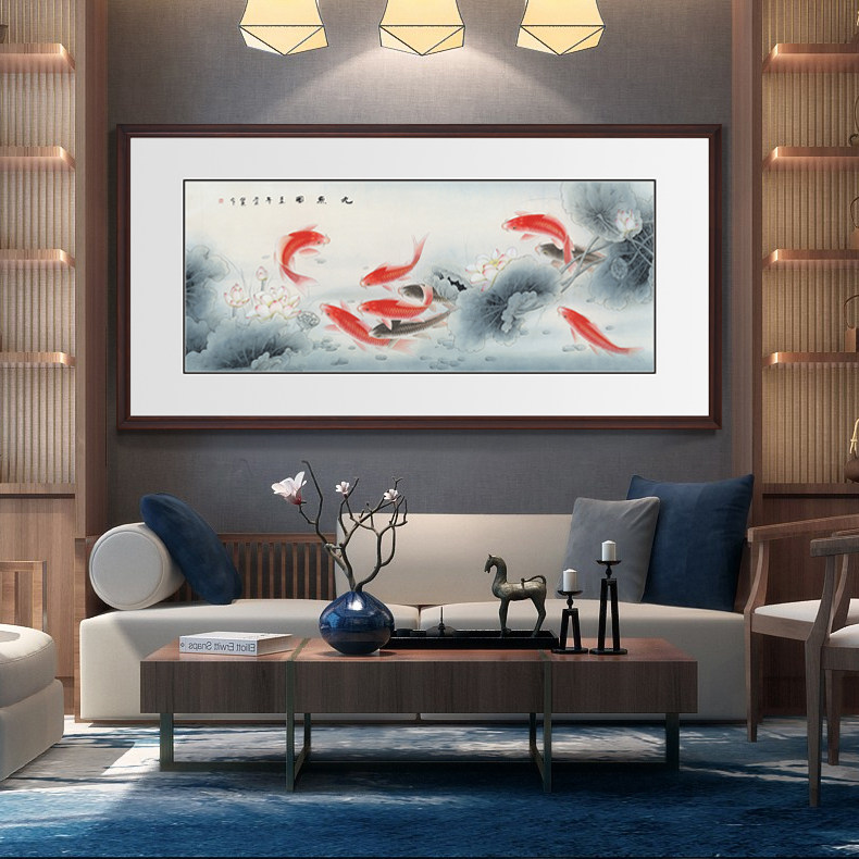 新中式客厅装饰画办公室茶室禅意墙画沙发背景墙挂画九鱼图国画