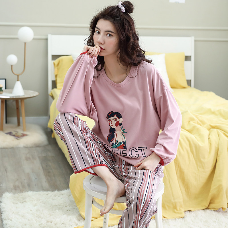 女士睡衣春秋季纯棉长袖全棉秋冬条纹家居服可出门休闲两件套装