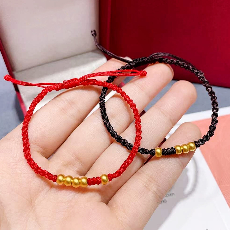 古法转运珠黄金红绳手链女圆小金珠子纯金999足金路路通情侣手绳