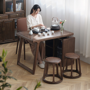 瑞泽新中式阳台茶桌实木家用小户型泡茶台黑胡桃白蜡木茶桌椅组合