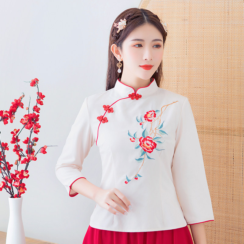 2022新款盘扣唐装上衣茶艺服女日常复古中式风短款旗袍上衣,女装婚纱