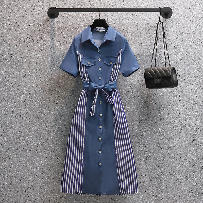 实拍 大码女装夏季新款牛仔条纹拼接收腰polo衬衫连衣裙女