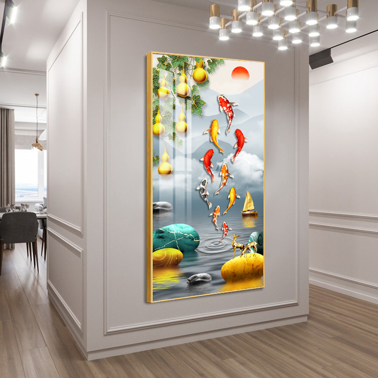 轻奢入户玄关装饰画走廊过道壁画客厅立体晶瓷挂画竖版九鱼聚财图