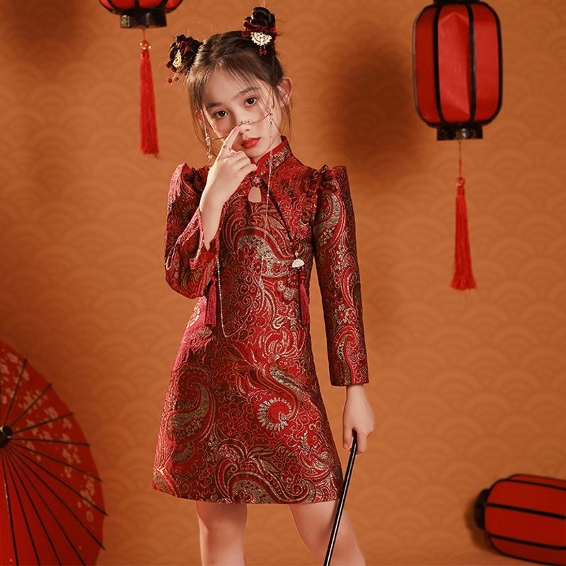 女童公主裙旗袍冬季长袖洋气儿童古筝演出走秀超仙礼服唐装拜年服