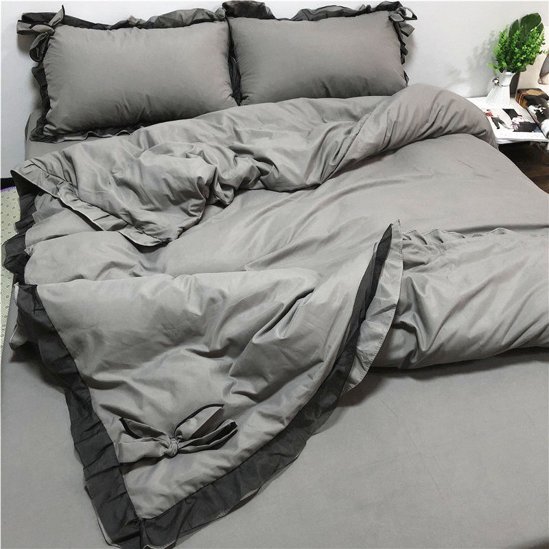 中性风纯色被单被罩四件套花边款床品套件简约高级灰色性冷淡床单