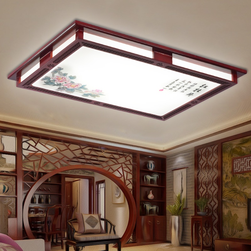 LED中式客厅吸顶灯彩色印花牡丹卧室灯餐厅书房间中国风实木灯具