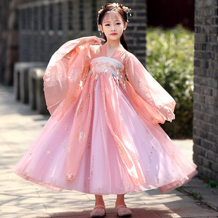 女童汉服春季粉色宽袖唐装襦裙中国风仙女连衣裙小女孩古筝演出服