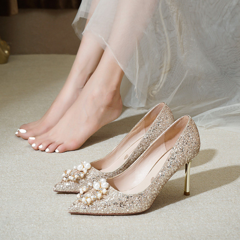 水晶鞋婚鞋秀禾婚纱两穿新娘鞋法式伴娘礼服细高跟鞋女2021年新款领