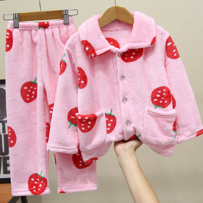 秋冬季男童女童珊瑚绒加厚款宝宝男孩女孩法兰绒保暖卡通儿童睡衣