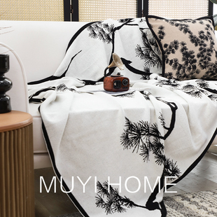 新中式迎客松全棉针织盖毯黑白复古纯棉休闲毯装饰毯午睡毯沙发毯