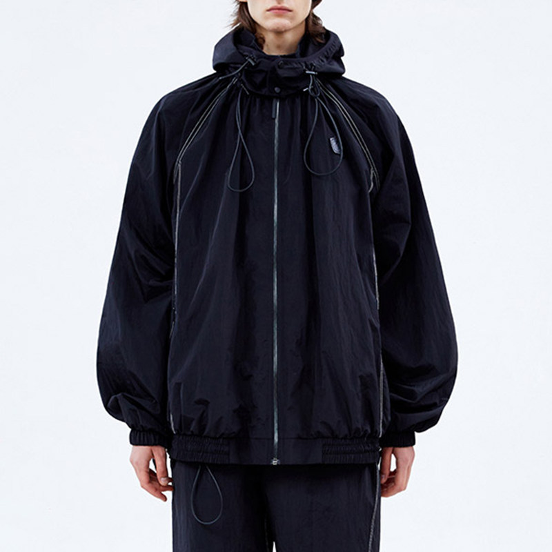 正品】ader error 秋季黑色连帽夹克中长款外套防风防水开衫宽松