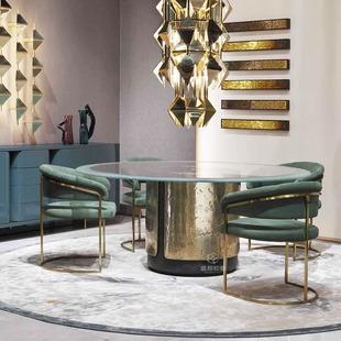 轻奢餐桌椅组合大理石圆桌高级感现代简约家用不锈钢意式高端设计