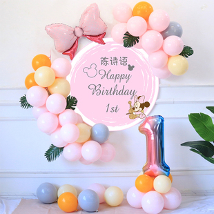 粉色米妮女宝宝两周岁生日布置儿童气球鼠宝装饰场景背景墙套餐2