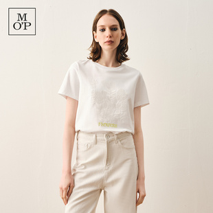 Marc O'Polo/MOP 2024夏季新款纯棉新中式刺绣图案宽松短袖T恤女