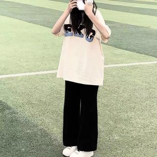 黑色裤子女夏季薄款小个子2024新款爆款阔腿直筒宽松休闲初中学生