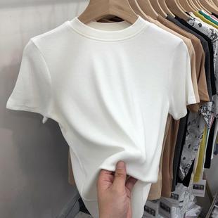 韩版T恤短袖女装2024夏季纯棉打底衫小众半袖修身设计感正肩上衣
