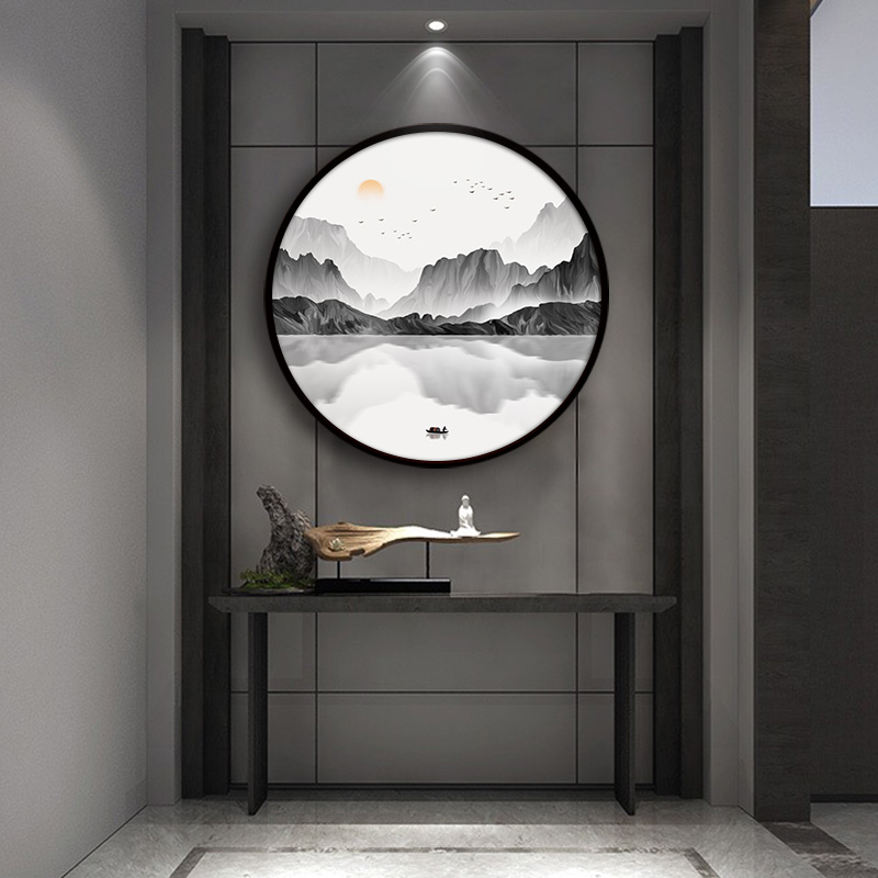 新中式装饰画圆形水墨挂画禅意玄幻山水画背景墙客厅风水玄关壁画