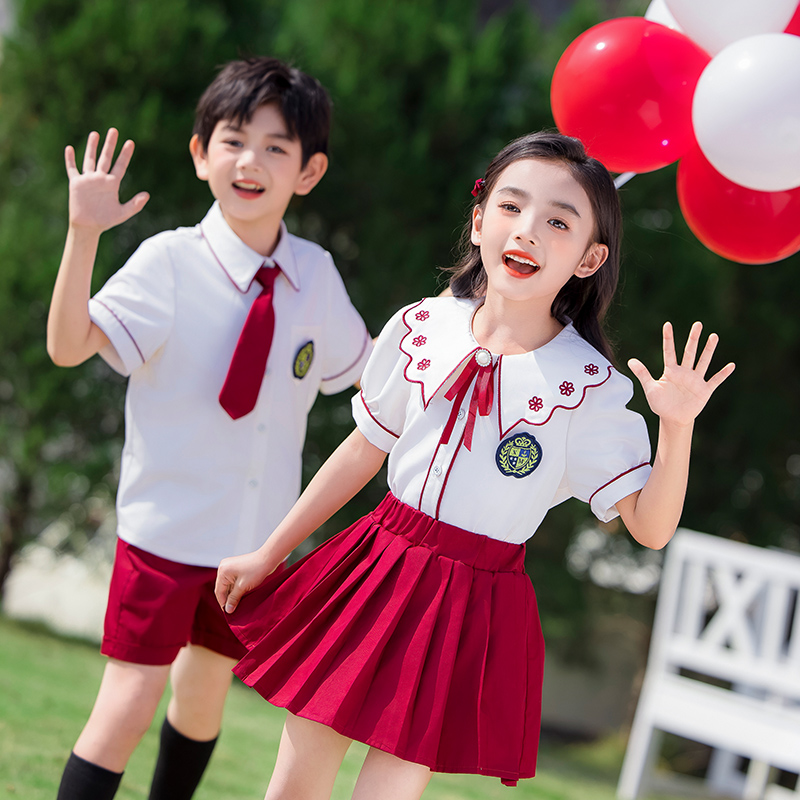 中国风儿童衬衣夏天短袖小学生校服班服六一演出服红色幼儿园园服
