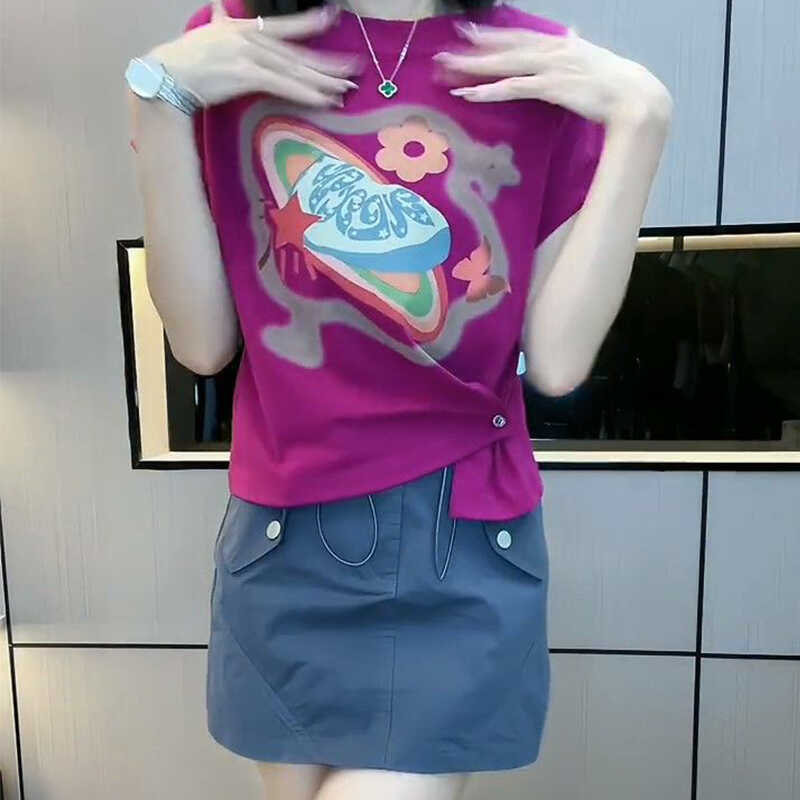 韩版时尚设计感卡通印花显瘦上衣T恤女2024夏季气质短款小众短袖